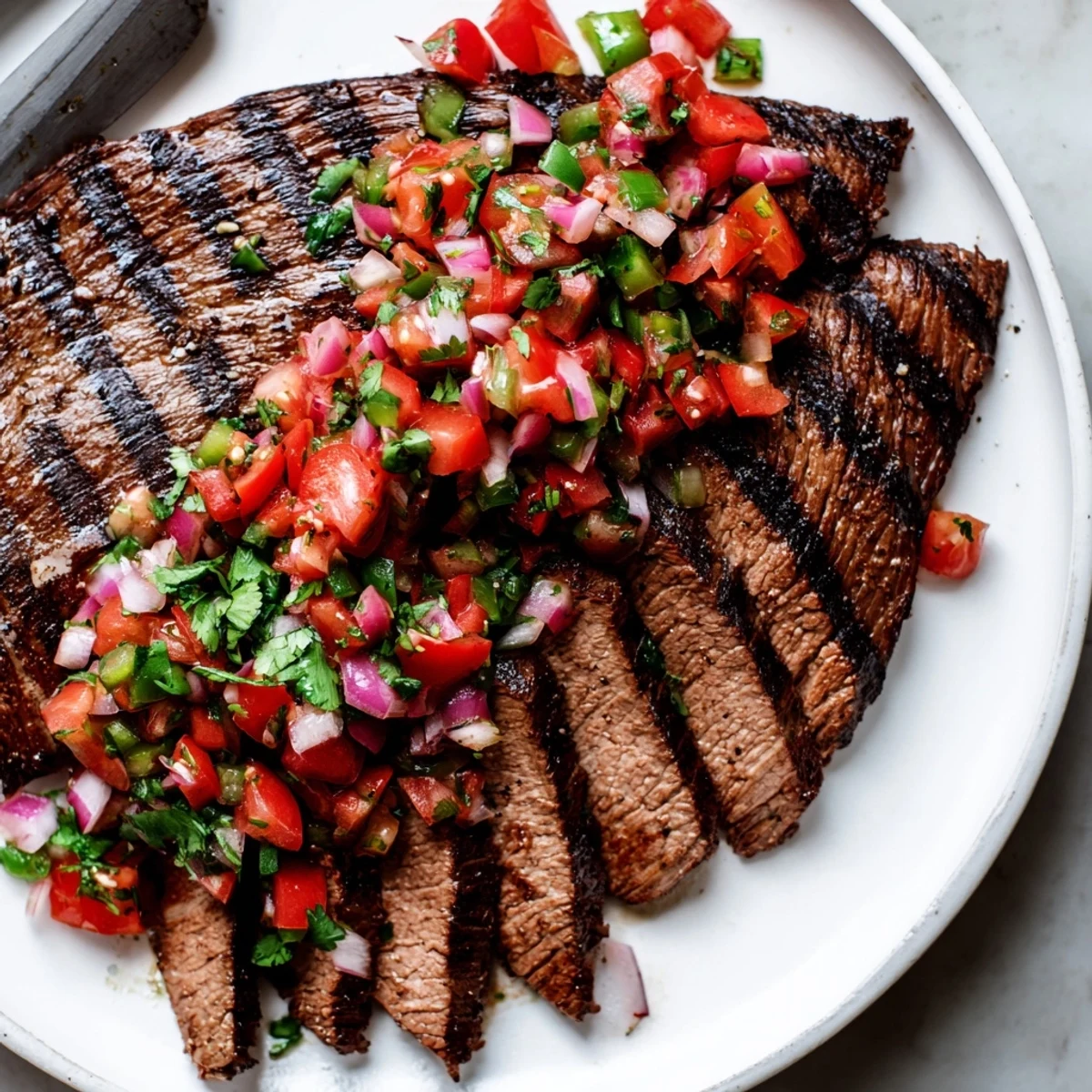Grilled Flank Steak With Poblano Pico Recipe: juicy sliced steak topped with charred pico
