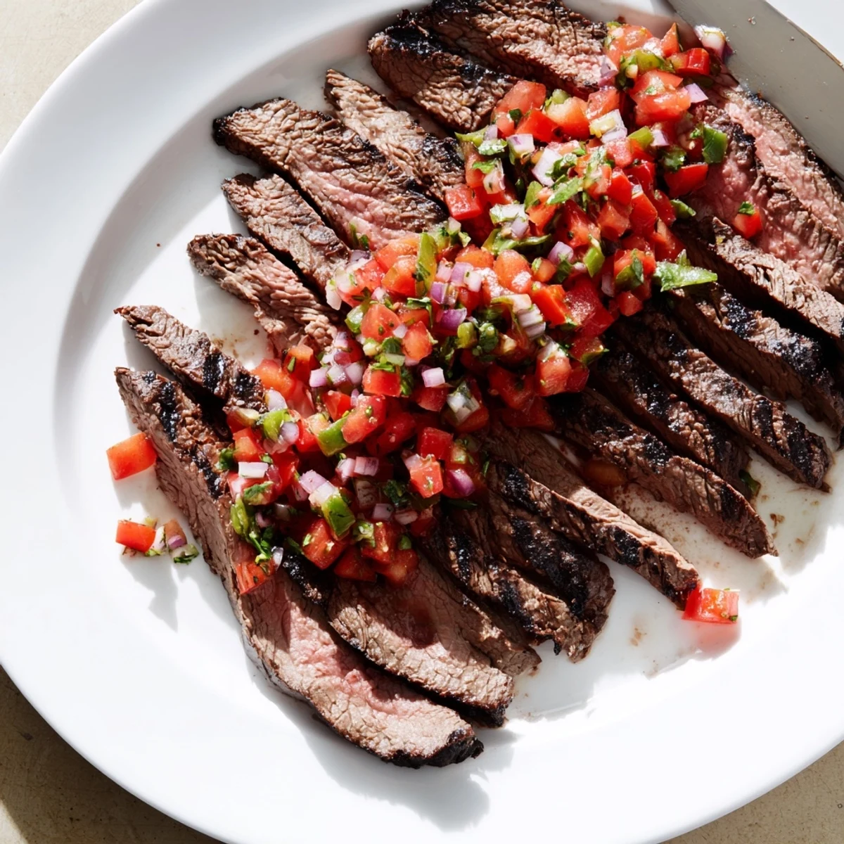Grilled Flank Steak With Poblano Pico Recipe smoky grill-marked steak resting, ready to slice