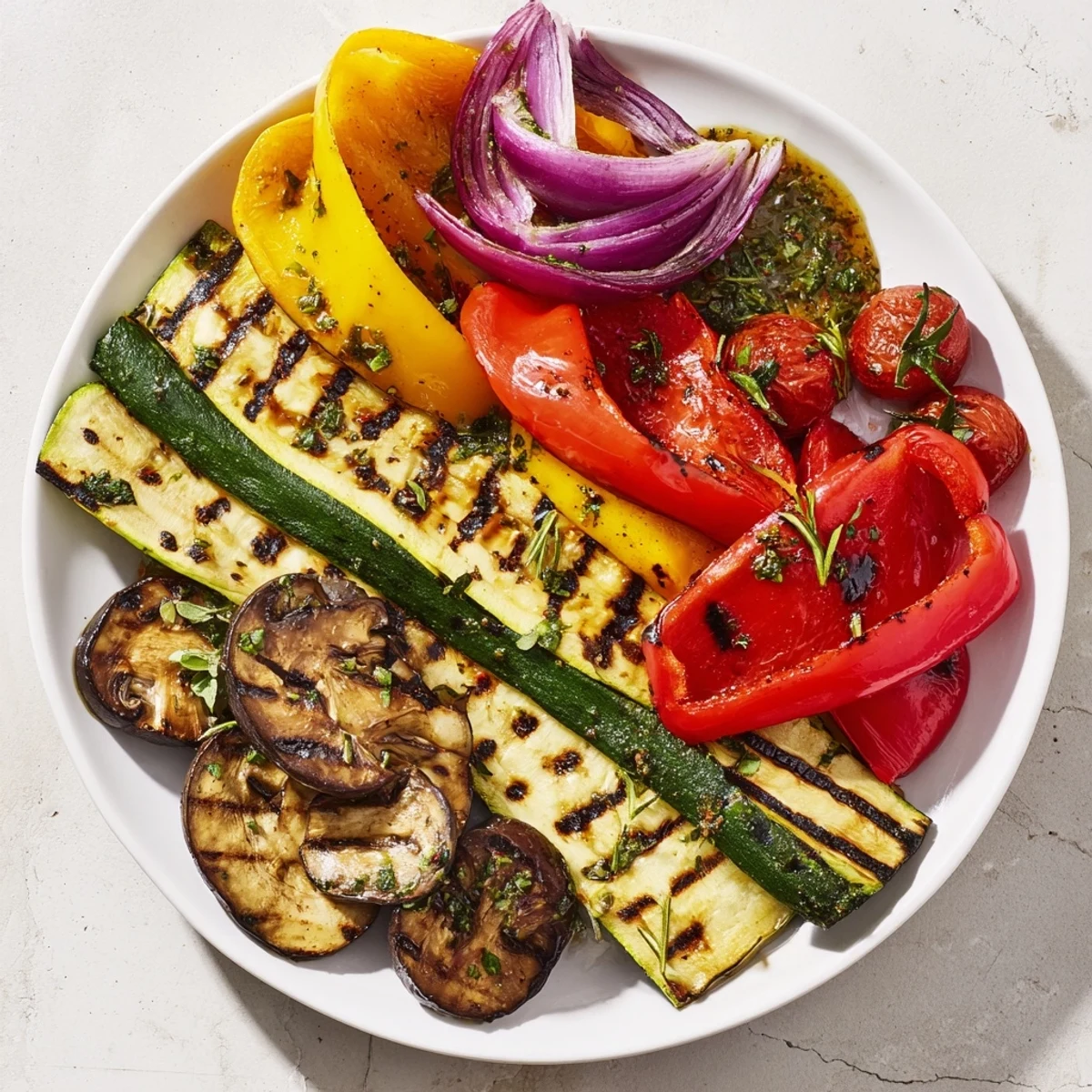 Incredible BBQ Grilled Vegetables Marinated Recipe on platter, charred edges, herb garnish