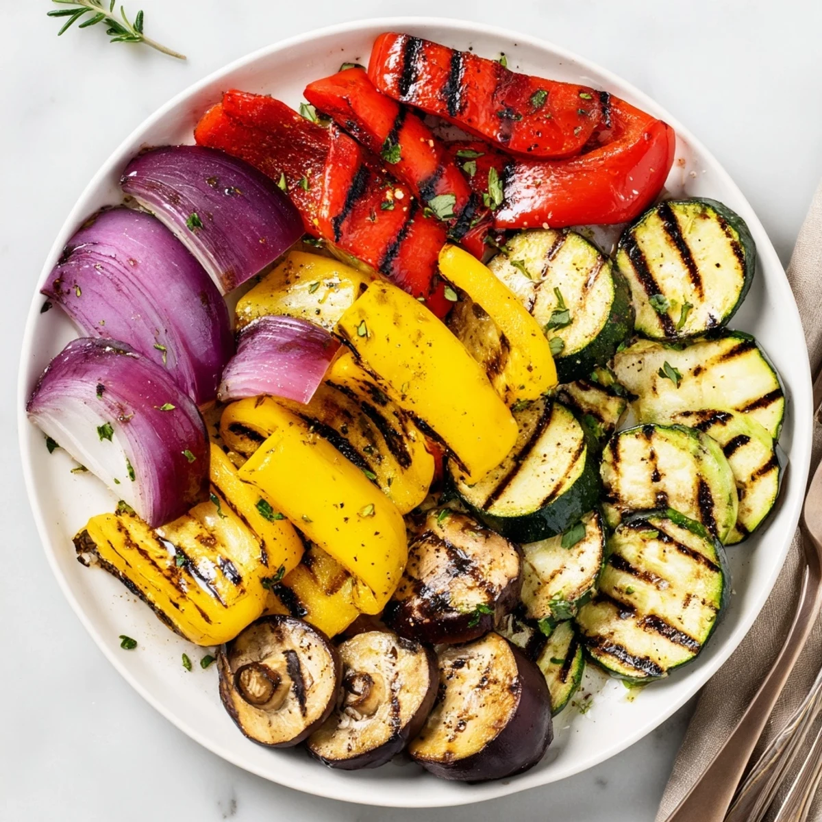 Family-style serving of Incredible BBQ Grilled Vegetables Marinated Recipe, juicy tomatoes popping
