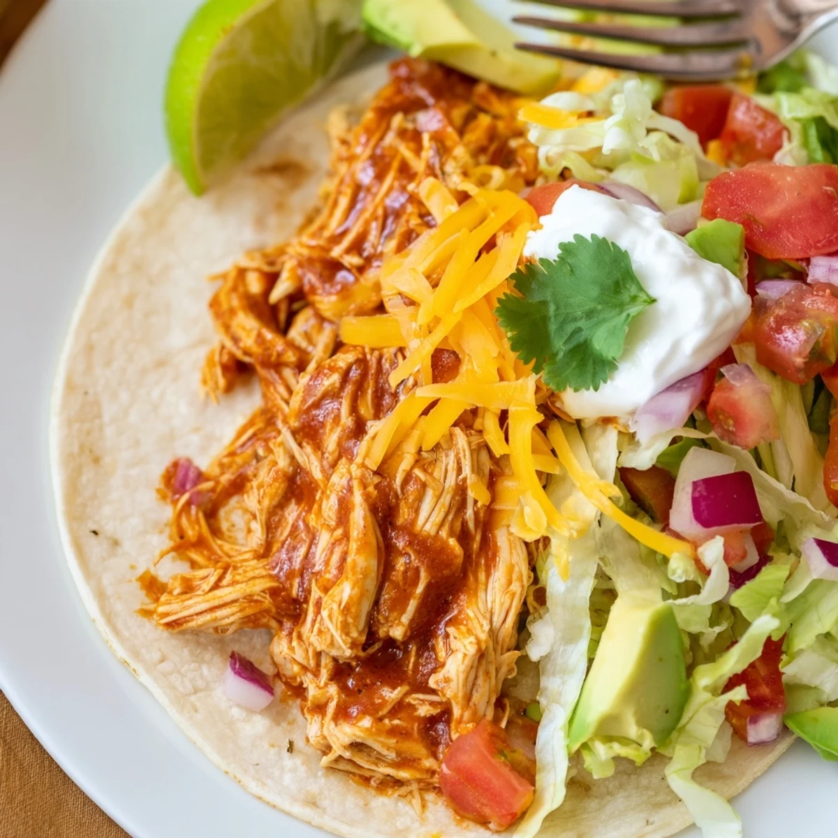 Slow Cooker Chicken Tacos piled with shredded, juicy chicken and fresh cilantro