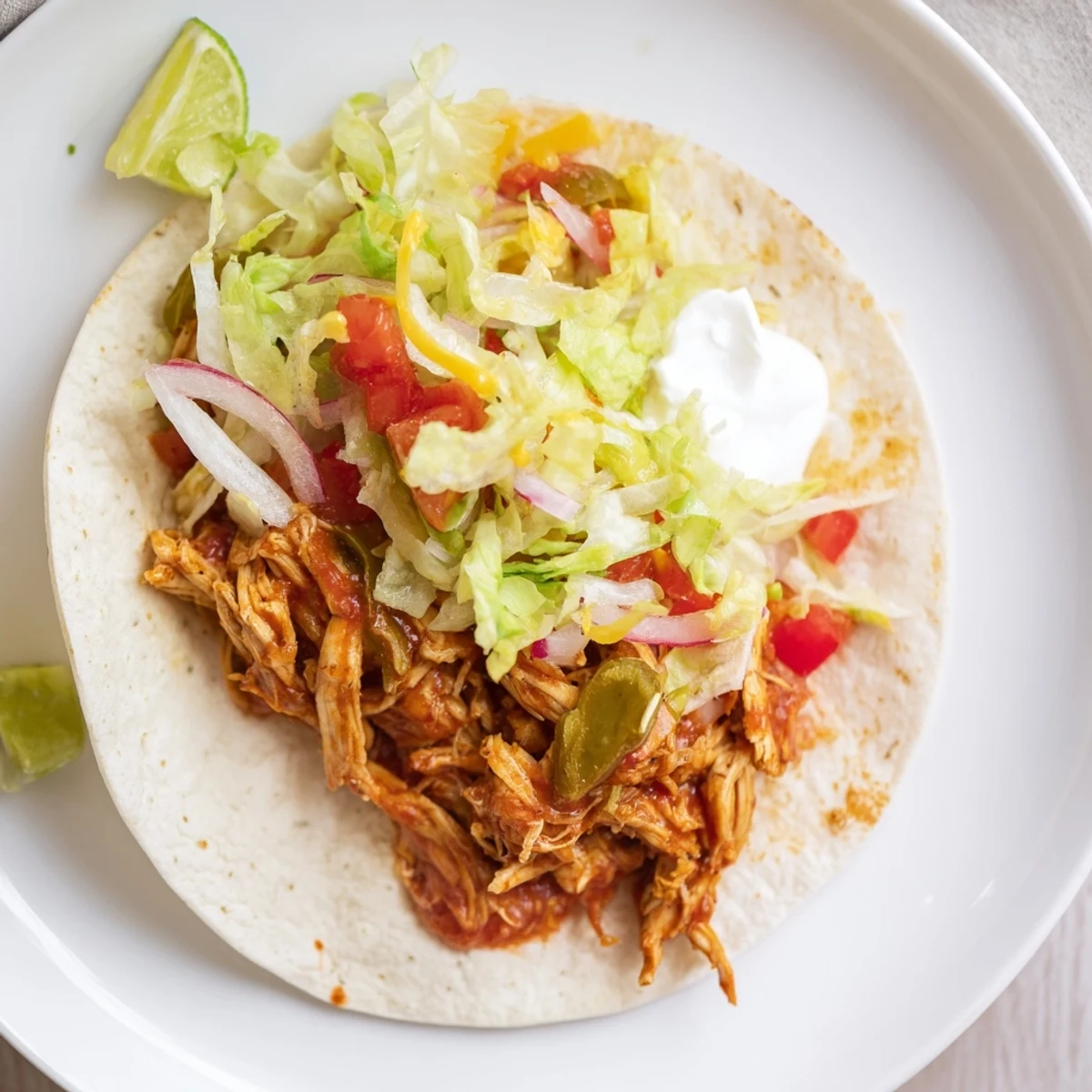 Warm Slow Cooker Chicken Tacos on corn tortillas topped with creamy avocado