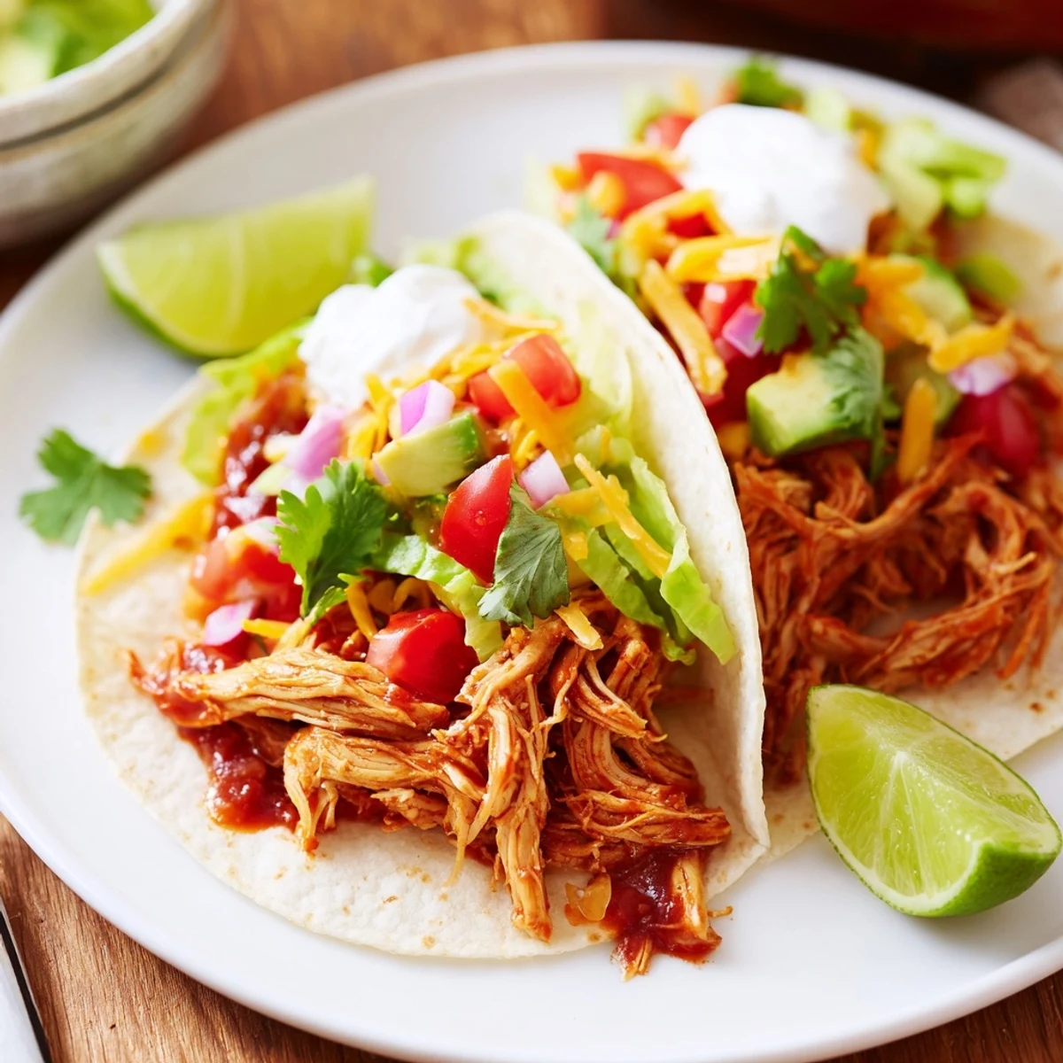 Aromatic Slow Cooker Chicken Tacos steaming with smoky spices and lime wedges