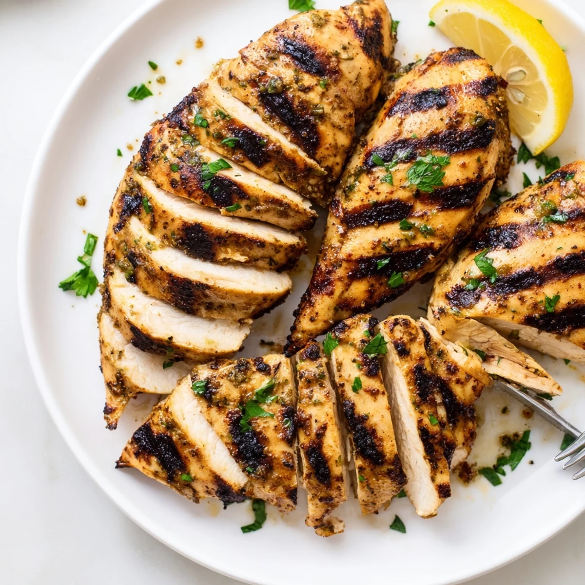 Sliced Grilled Chicken Recipe served with parsley garnish and bright lemon wedges