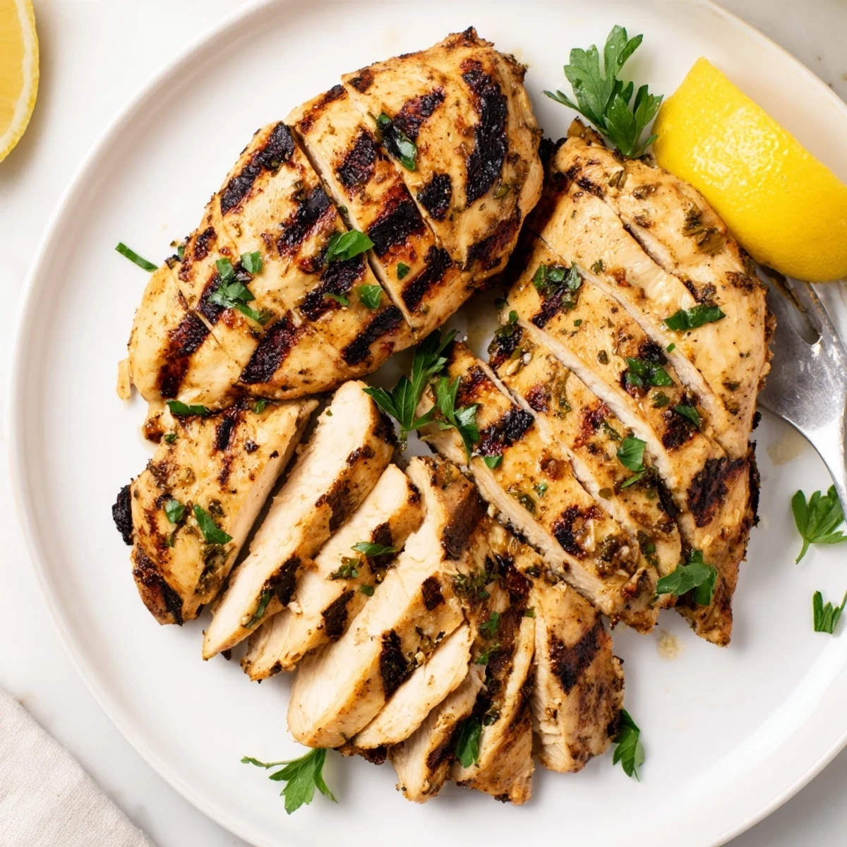 Grilled Chicken Recipe releasing garlic and lemon aroma with smoky grill marks
