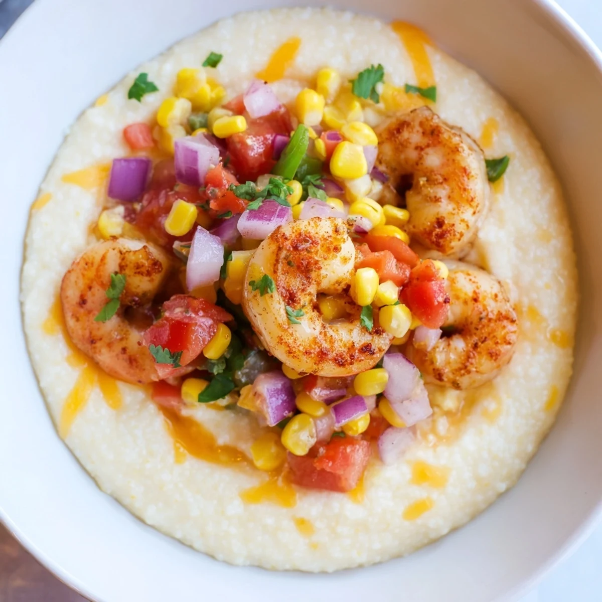 Creamy stone-ground shrimp grits topped with juicy sautéed shrimp and fresh zesty corn salsa