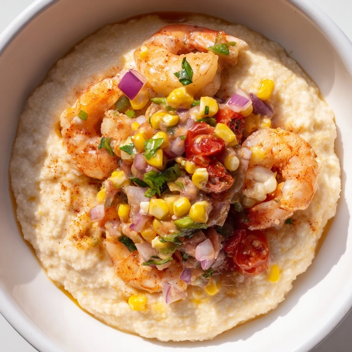 Golden cheddar grits bowl loaded with spiced shrimp and bright corn tomato salsa garnish