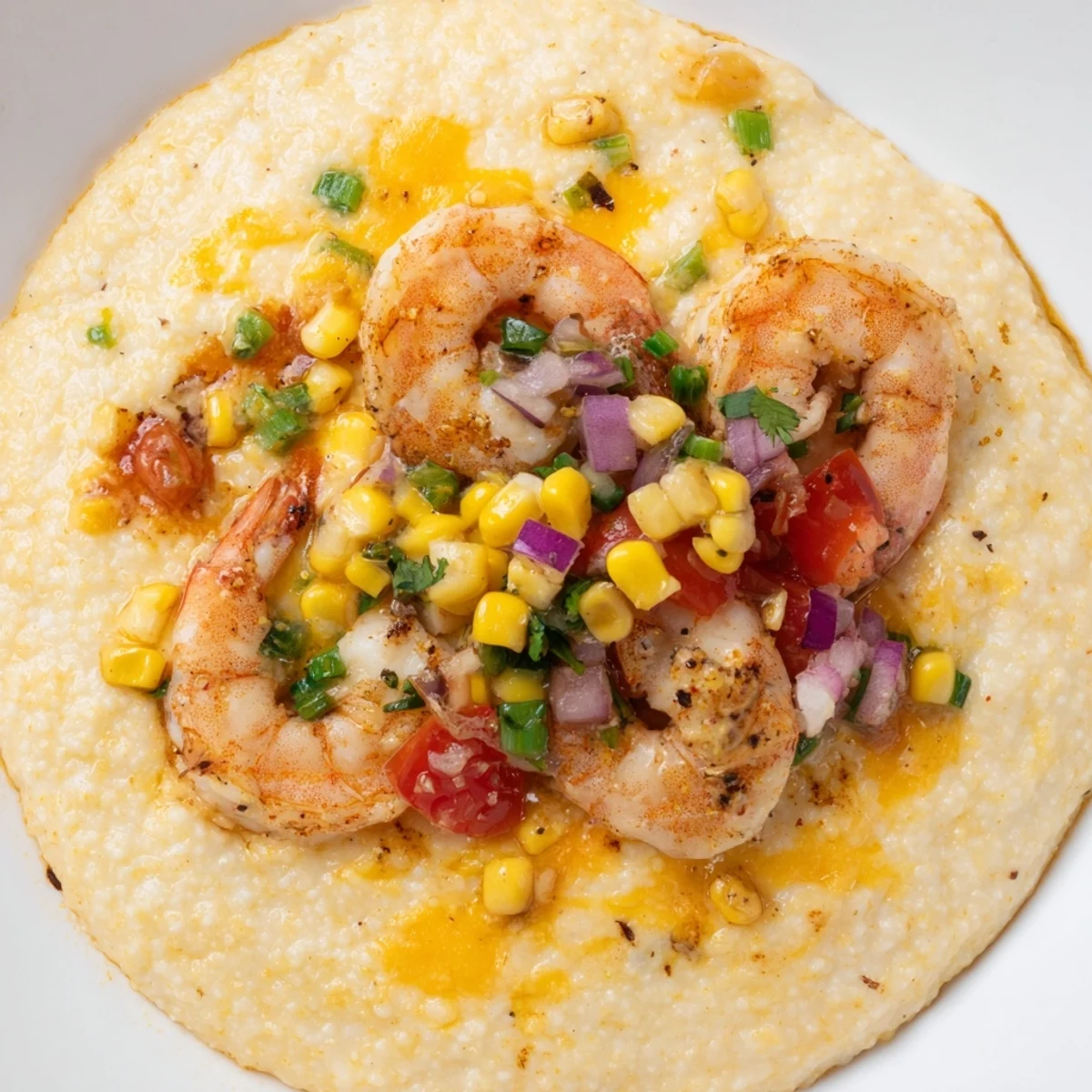 Southern shrimp grits featuring plump garlic shrimp over cheesy grits with vibrant corn relish