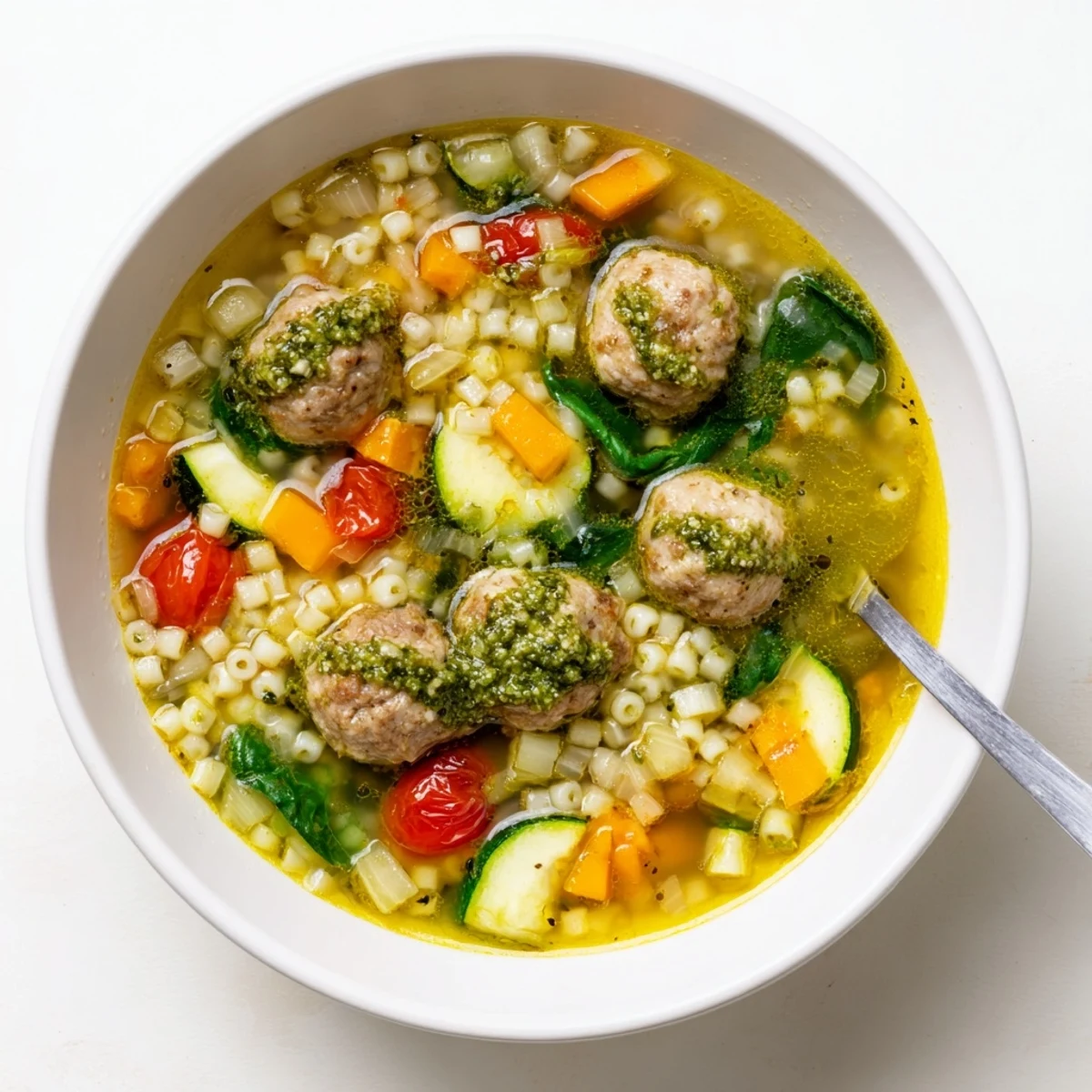 Golden summer pesto mini meatball soup featuring tender chicken meatballs, zucchini, and vibrant green basil swirl