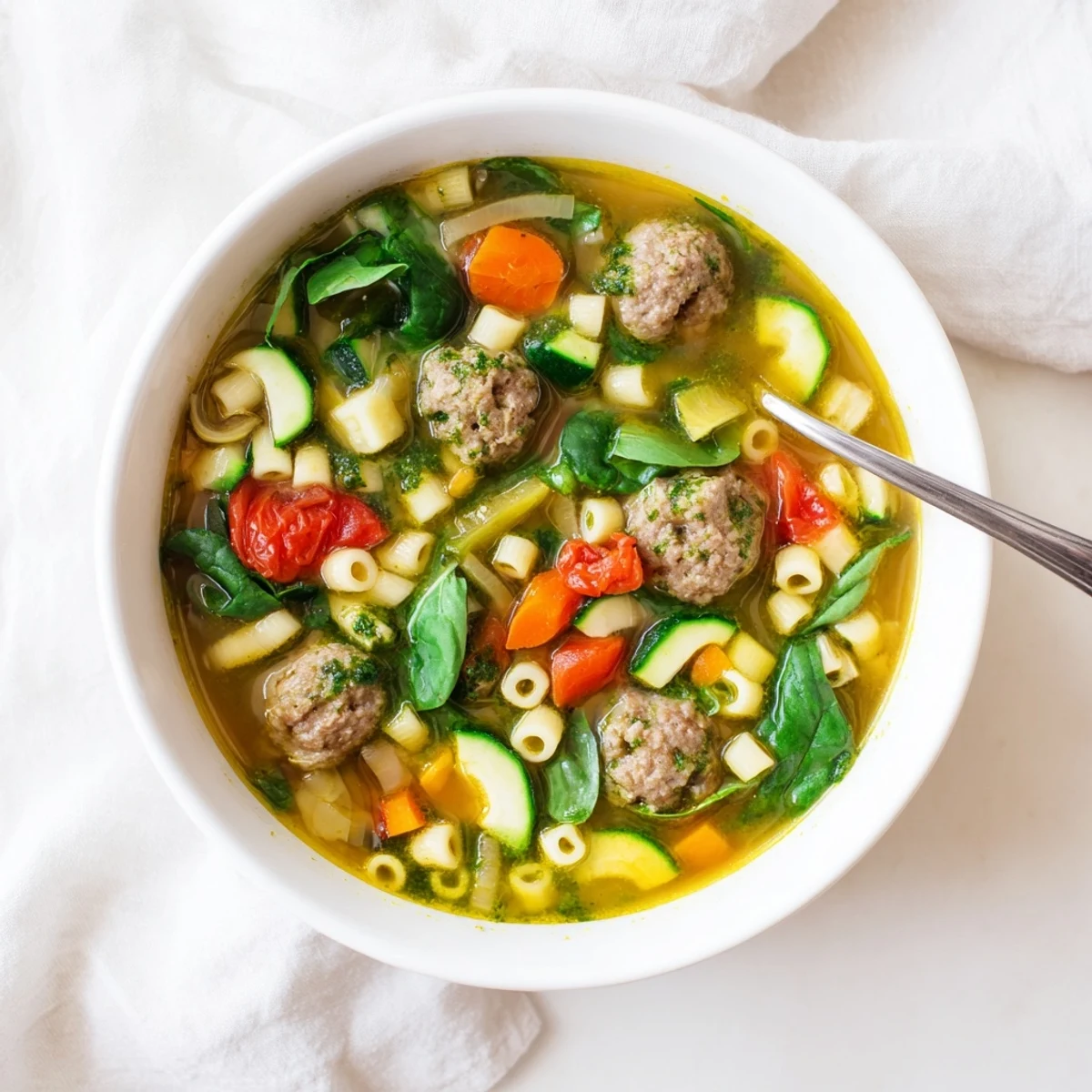 Hearty bowl of summer pesto mini meatball soup with colorful vegetables, pasta, and fresh pesto drizzle