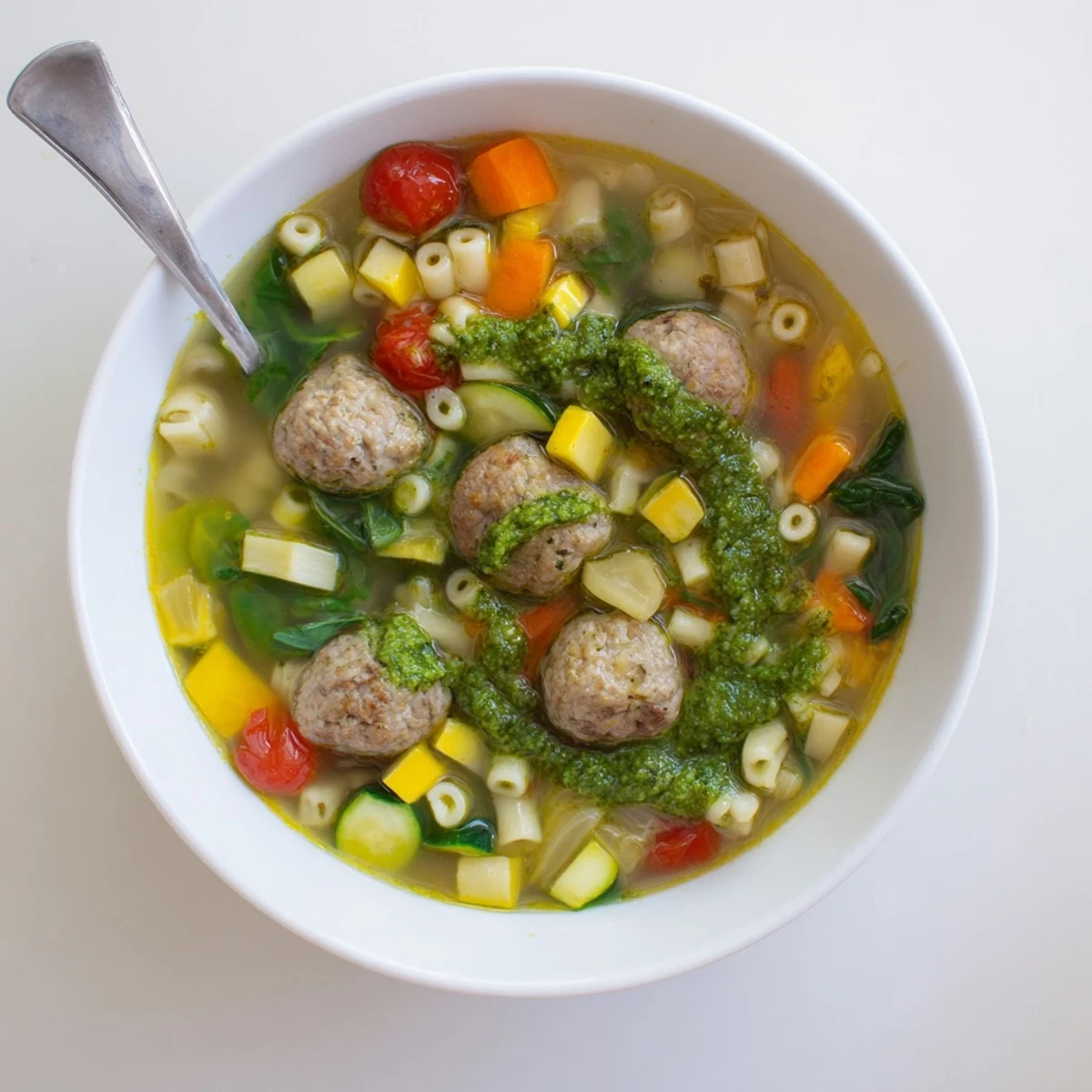 Spoonful of summer pesto mini meatball soup showcasing spinach, cherry tomatoes, and homemade basil pesto garnish