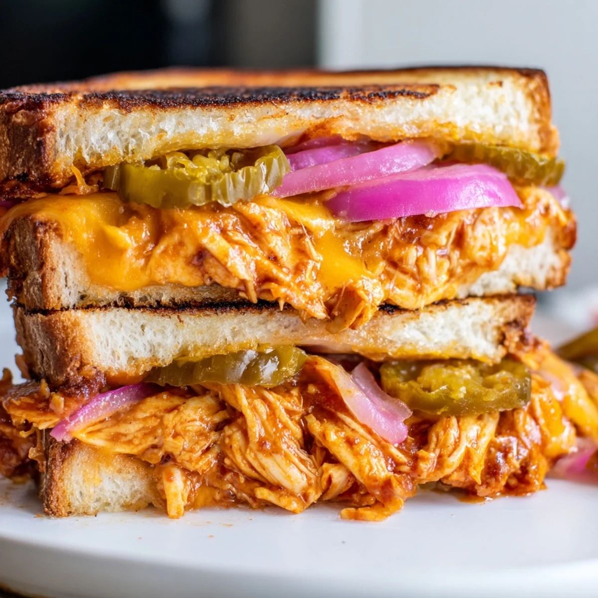 Golden BBQ chicken grilled cheese sandwich with melted cheddar and mozzarella on sourdough bread