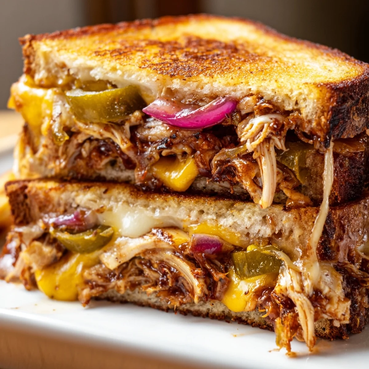 Cut grilled cheese revealing smoky BBQ chicken filling with melted cheese between golden sourdough slices