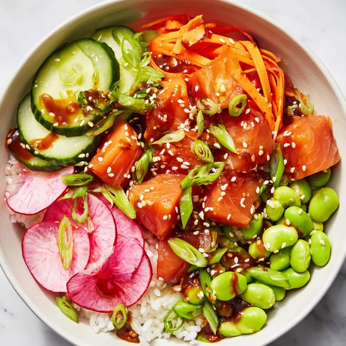 Colorful salmon and avocado poke bowl with fresh vegetables over seasoned rice
