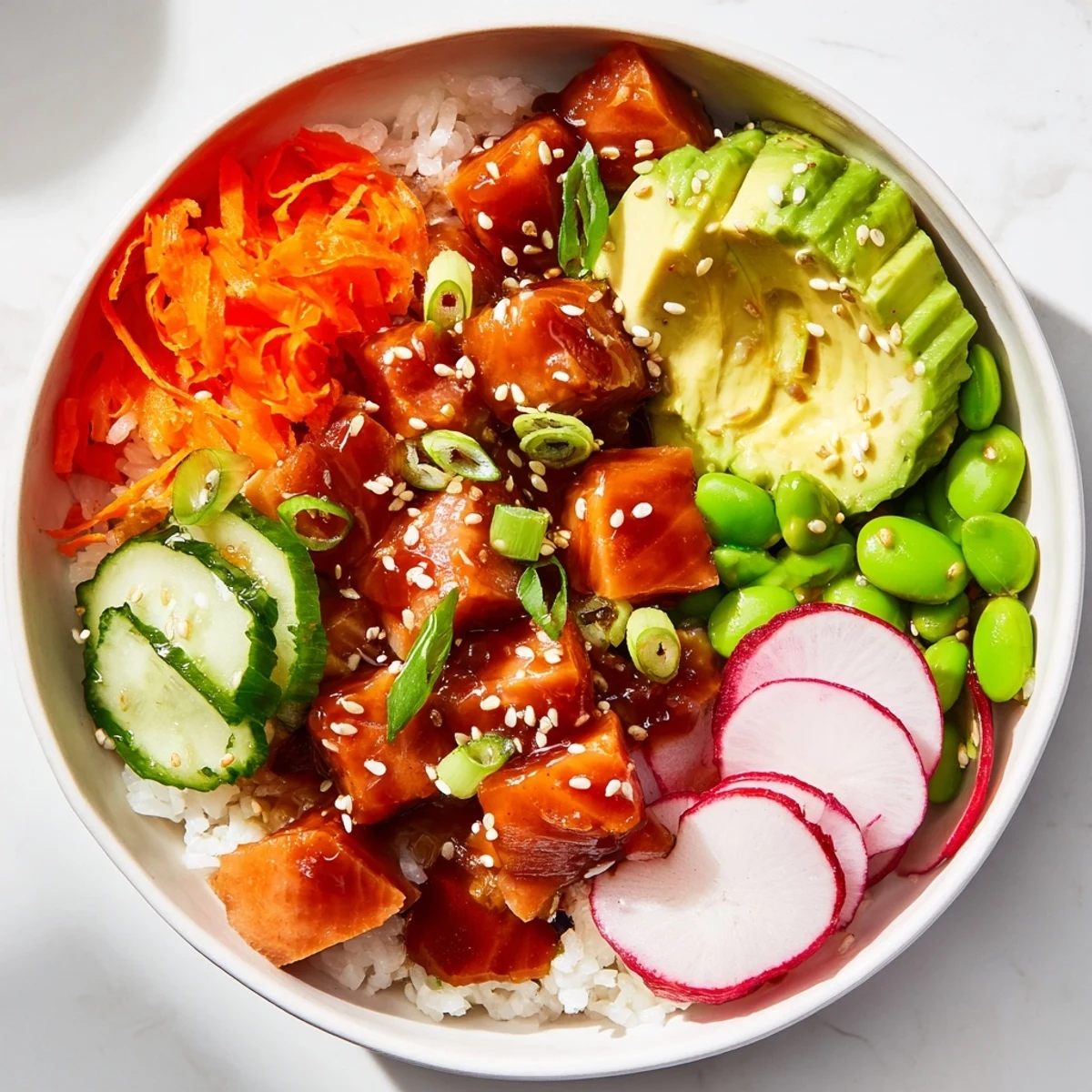 Savory salmon and avocado poke bowl arranged with cucumber, edamame, and radishes