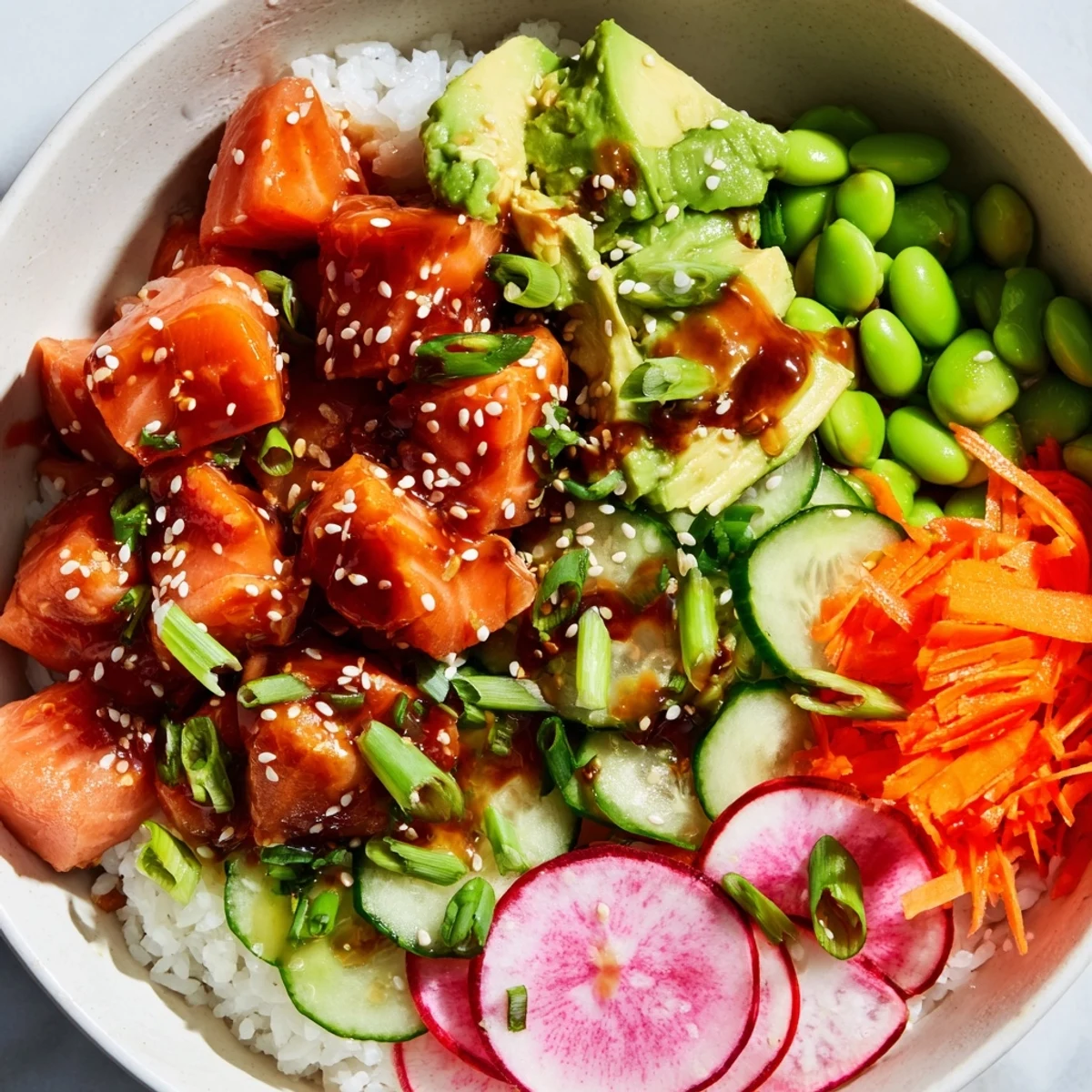 Healthy salmon and avocado poke bowl topped with sesame seeds and crisp vegetables