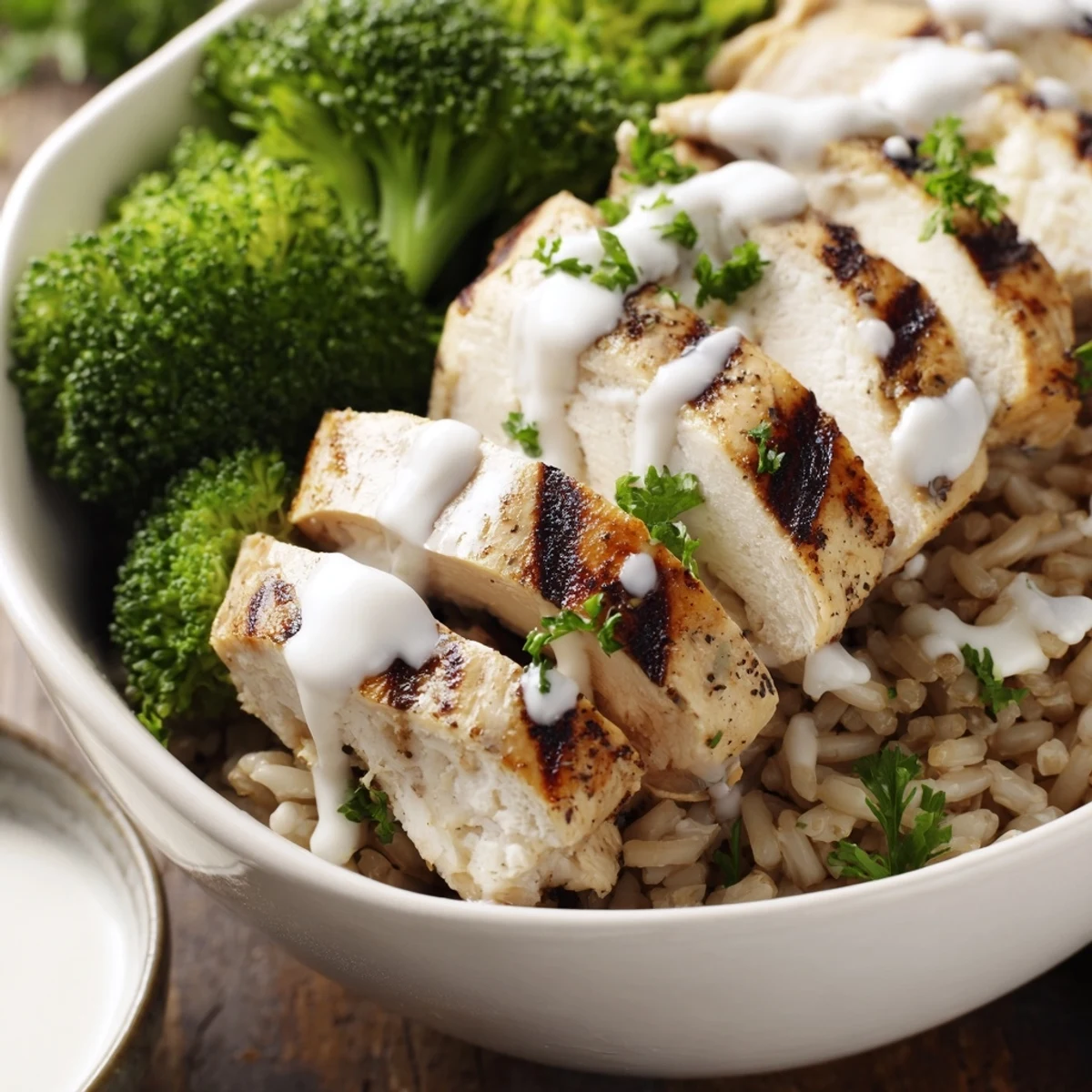 Nutritious bowl featuring tender chicken breast broccoli florets and protein-packed creamy garlic dressing