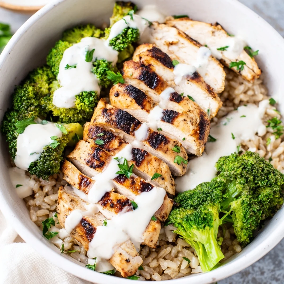 Sliced grilled chicken and crisp broccoli drizzled with luscious garlic yogurt sauce
