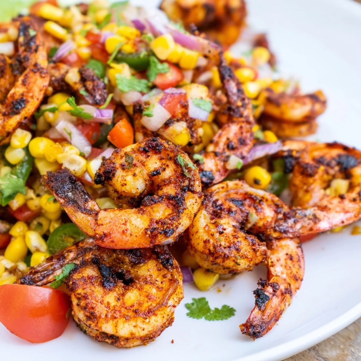 Spiced smoky charred shrimp with corn salsa topped with fresh cilantro leaves