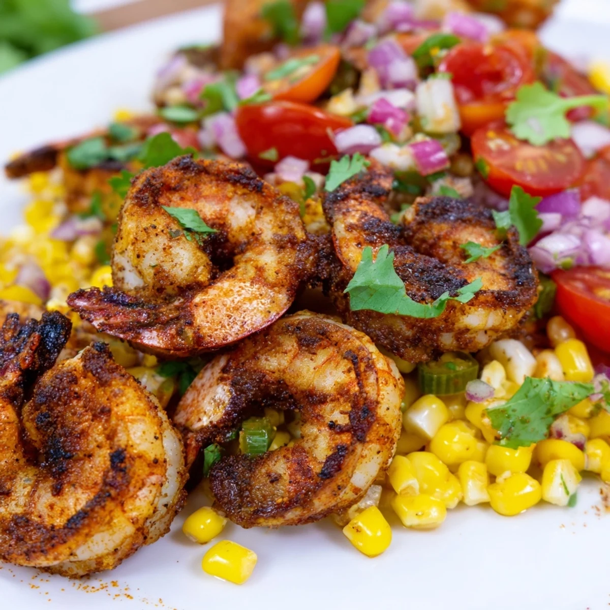 Golden grilled smoky charred shrimp with corn salsa served on white plate
