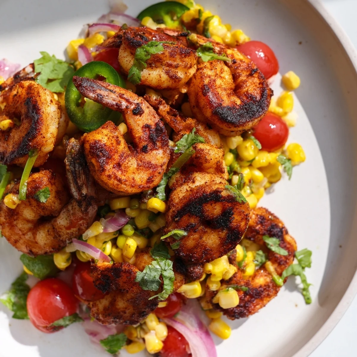 Plump grilled smoky charred shrimp with corn salsa garnished with lime wedges