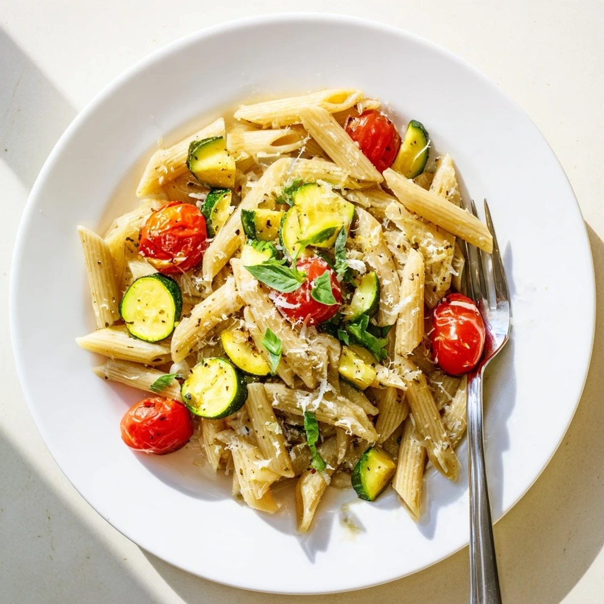 Golden tomato zucchini pasta tossed with fresh basil and grated Parmesan in a white bowl