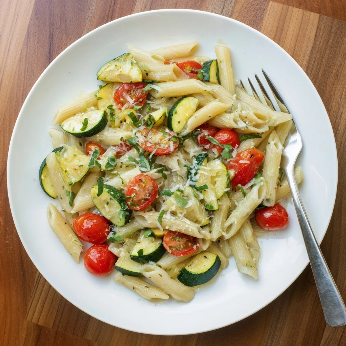 Al dente spaghetti with sautéed zucchini rounds and cherry tomatoes glistening with olive oil