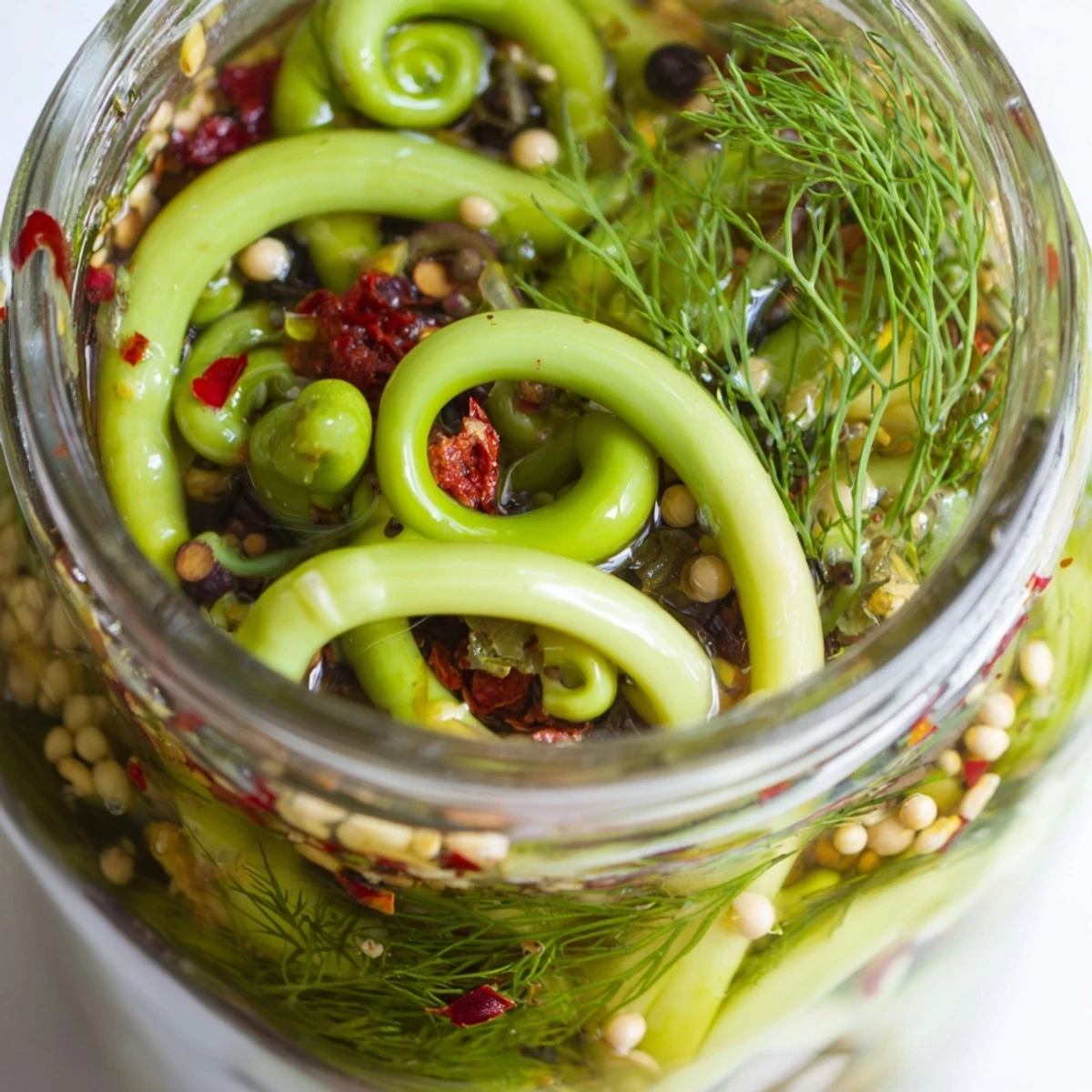 Spicy pickled garlic scapes packed in glass jars with vibrant green stalks submerged in vinegar brine alongside dried chilies