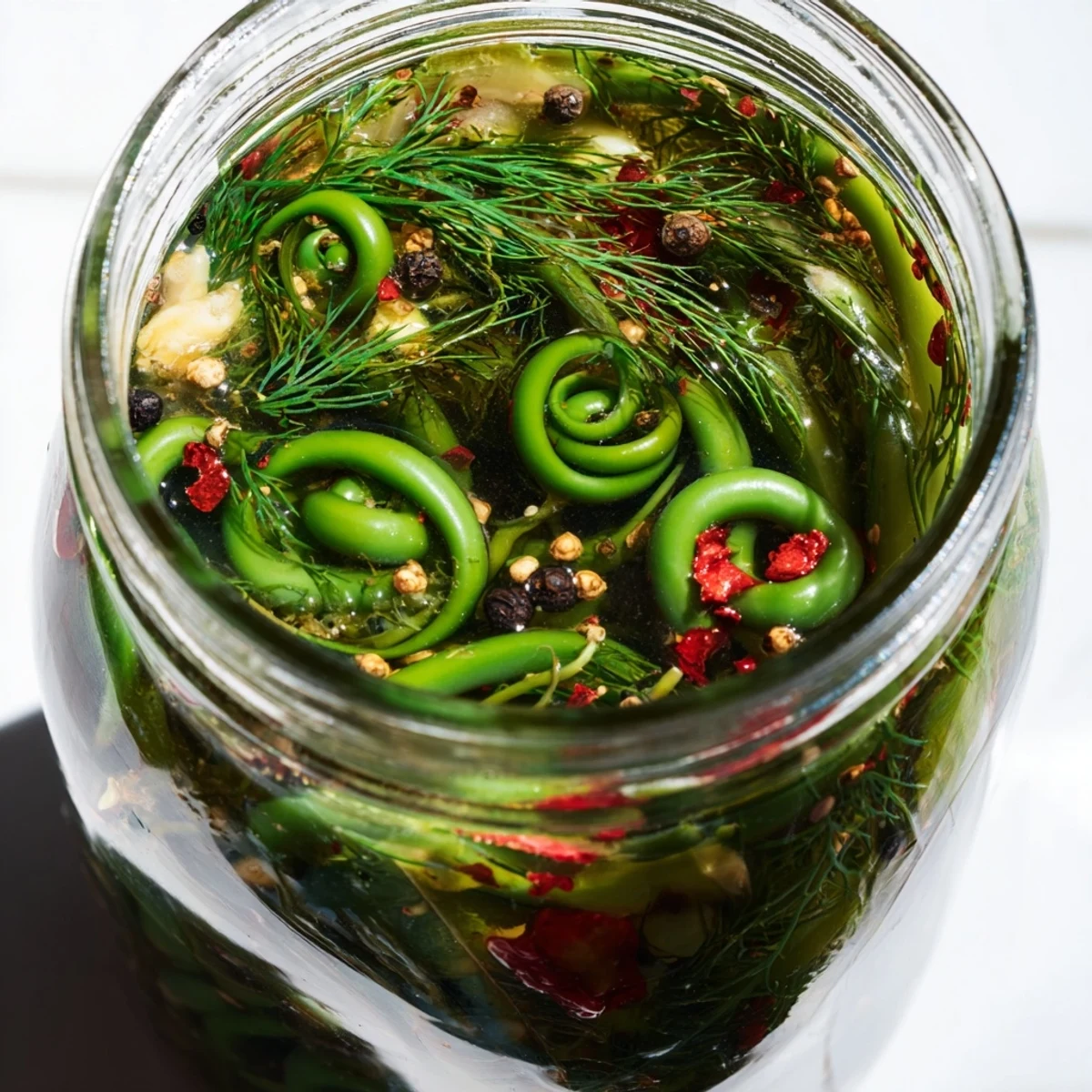 Glass jar filled with tangy pickled garlic scapes in aromatic brine, garnished with fresh dill sprigs and red pepper flakes