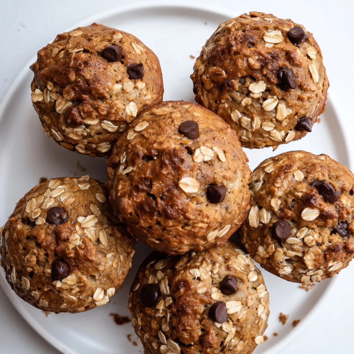 Freshly baked banana chocolate chip muffins with oats cooling on a wire rack, steam rising from their golden brown muffin tops.