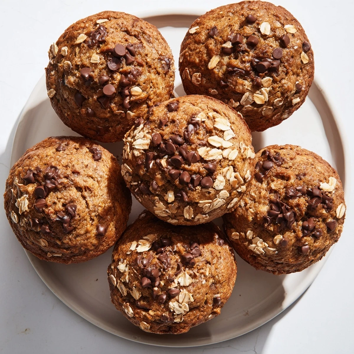 Close-up of a moist banana chocolate chip muffin with oats, revealing scattered chocolate chunks and hearty oat texture throughout the crumb.