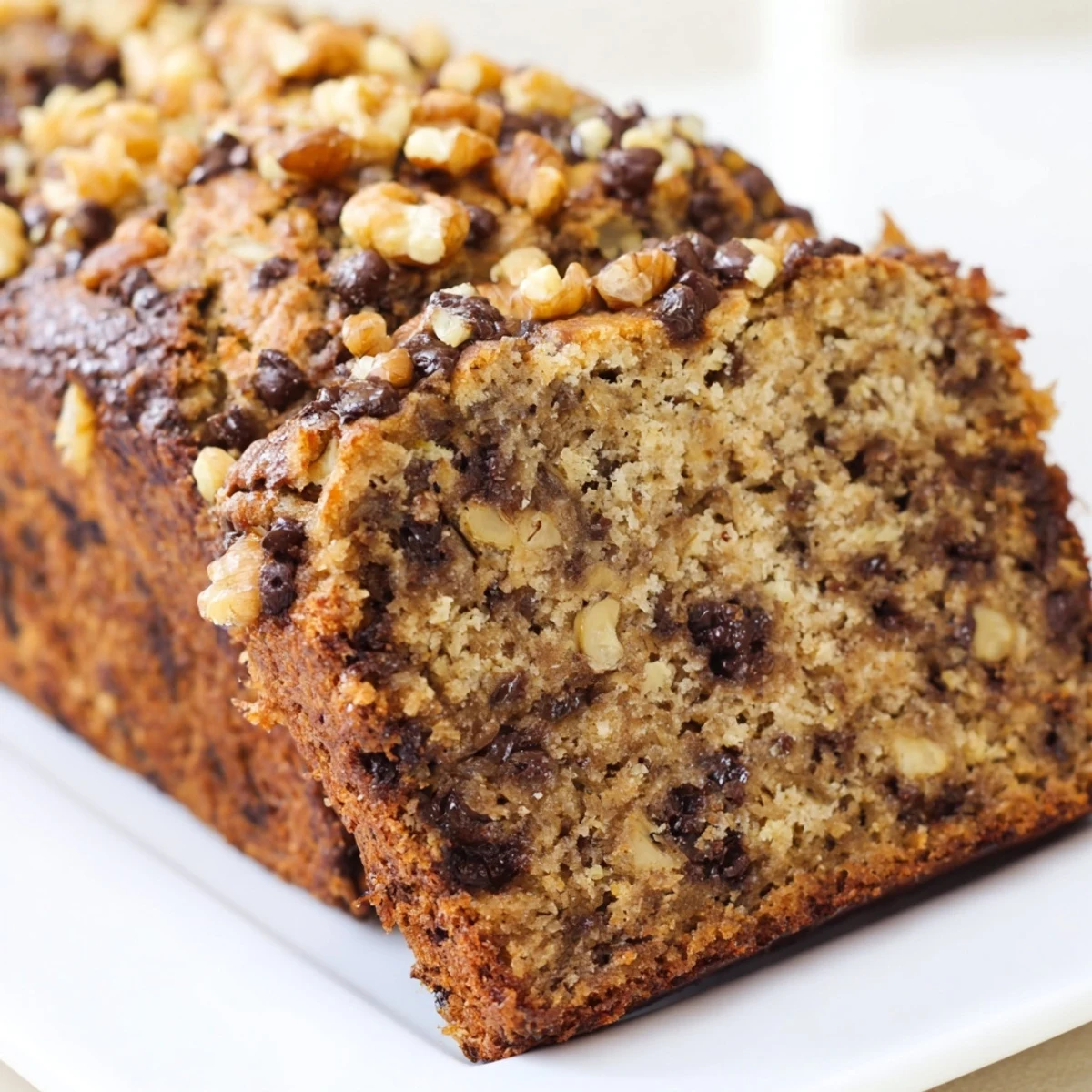 Thick slice of moist protein banana bread oil free on a white plate with crumbs