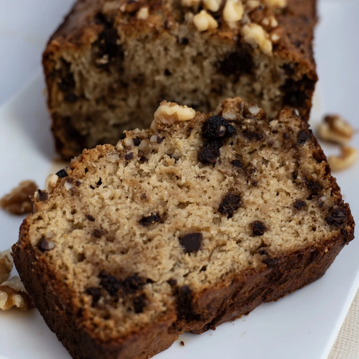 Golden sliced protein banana bread oil free sitting on a wooden cutting board with walnuts