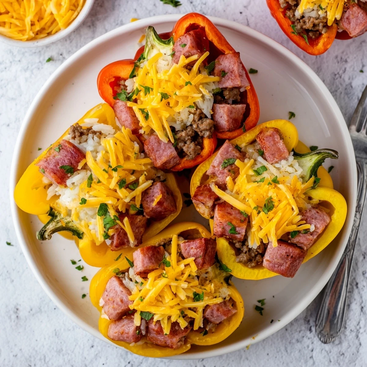 Golden melted cheese tops kielbasa stuffed bell peppers with savory beef rice filling