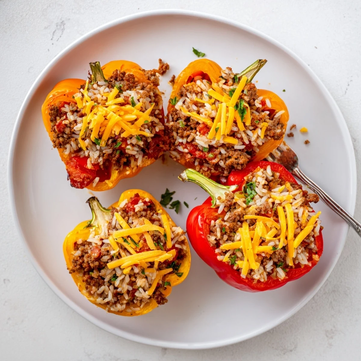Colorful baked bell peppers overflowing with hearty kielbasa beef and cheesy rice mixture