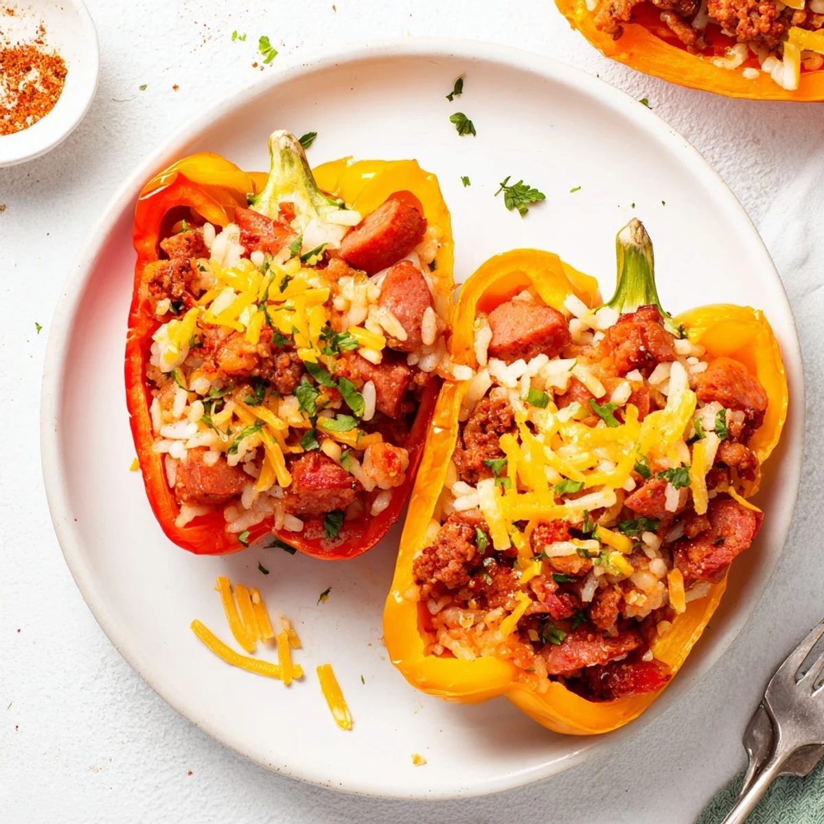 Oven-baked stuffed peppers filled with juicy kielbasa ground beef and melted cheddar cheese