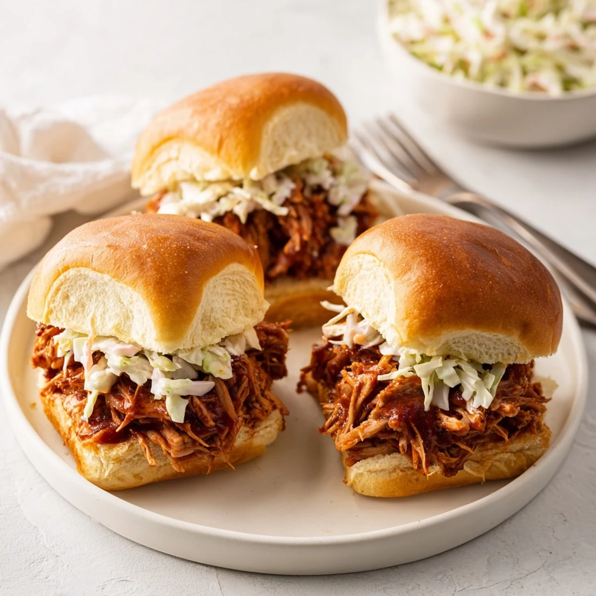 BBQ pulled chicken sliders piled high on sweet Hawaiian rolls with tangy coleslaw