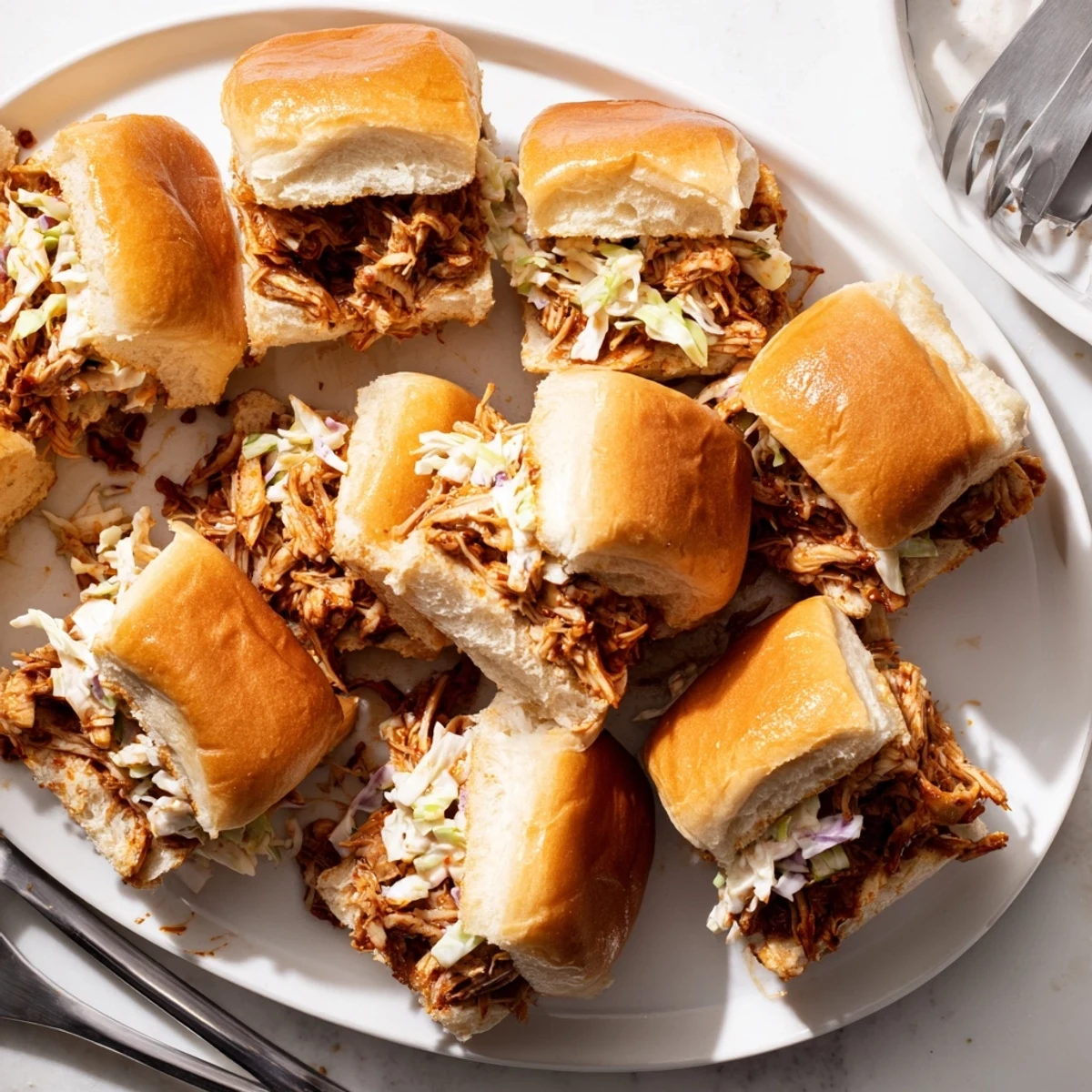 Smoky BBQ pulled chicken sandwiches on toasted Hawaiian rolls ready for easy weeknight dinner