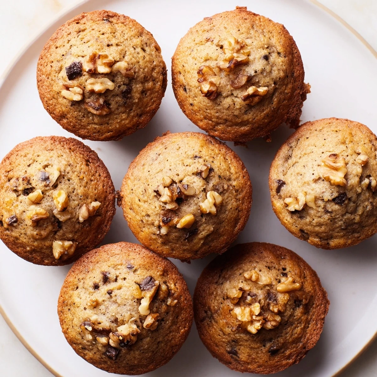 Moist whole wheat healthy banana nut muffins fresh from the oven with ripe banana specks.