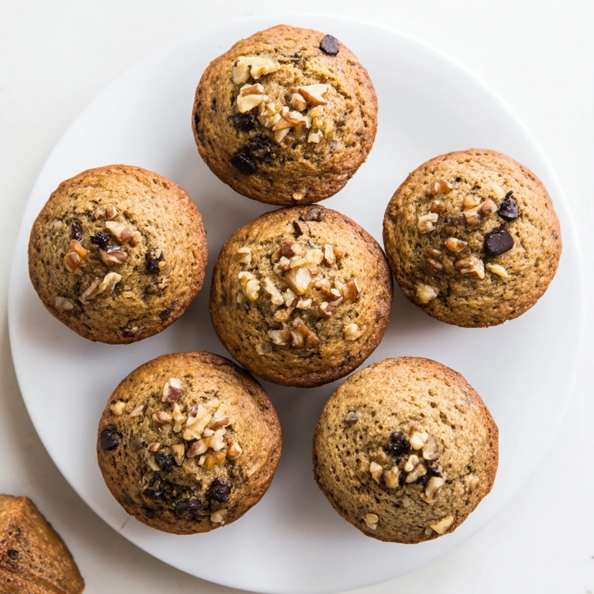 Golden brown healthy banana nut muffins topped with chopped walnuts on a white wire rack.