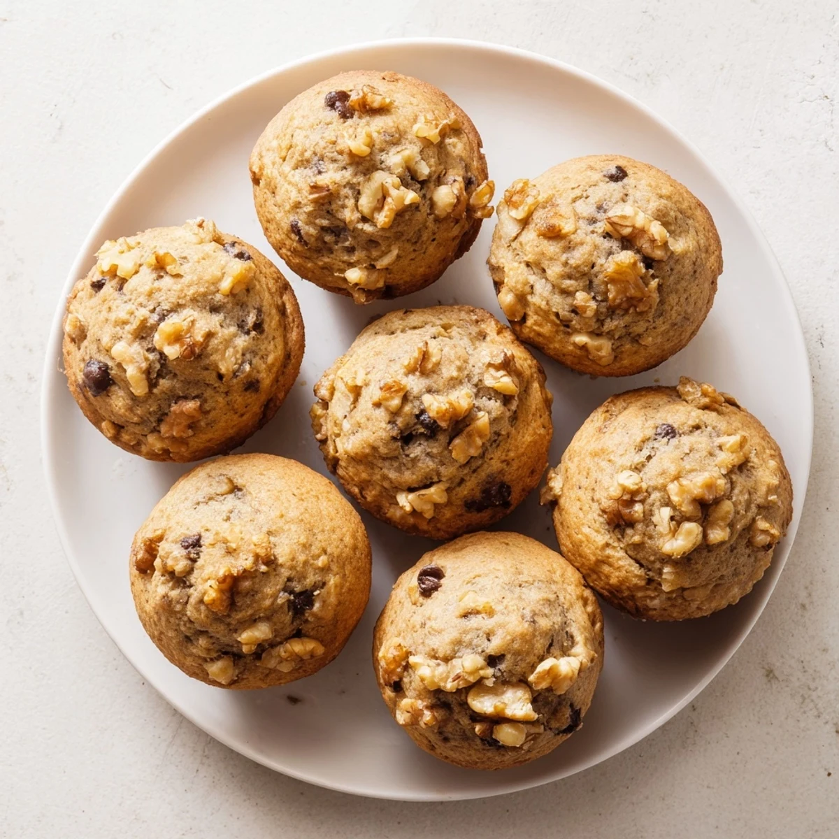 Batch of twelve healthy banana nut muffins with nutty topping ready for breakfast or snacking.