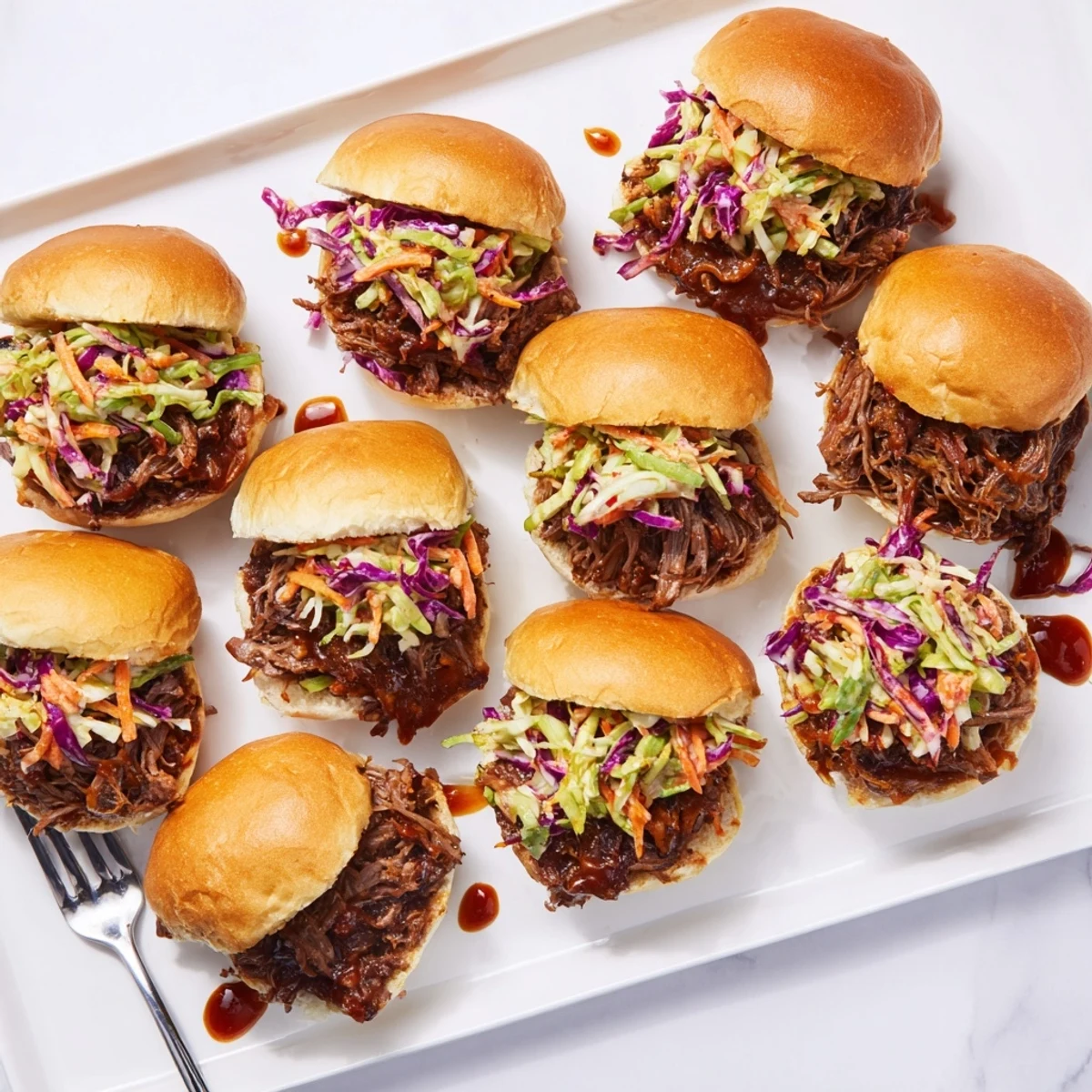 Tender BBQ pulled beef sliders piled on brioche buns with crisp coleslaw topping