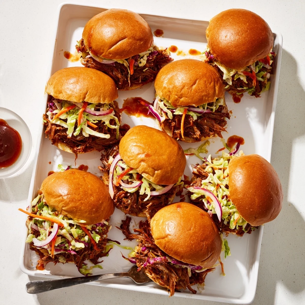 Golden brioche sliders loaded with smoky pulled beef and colorful crunchy coleslaw