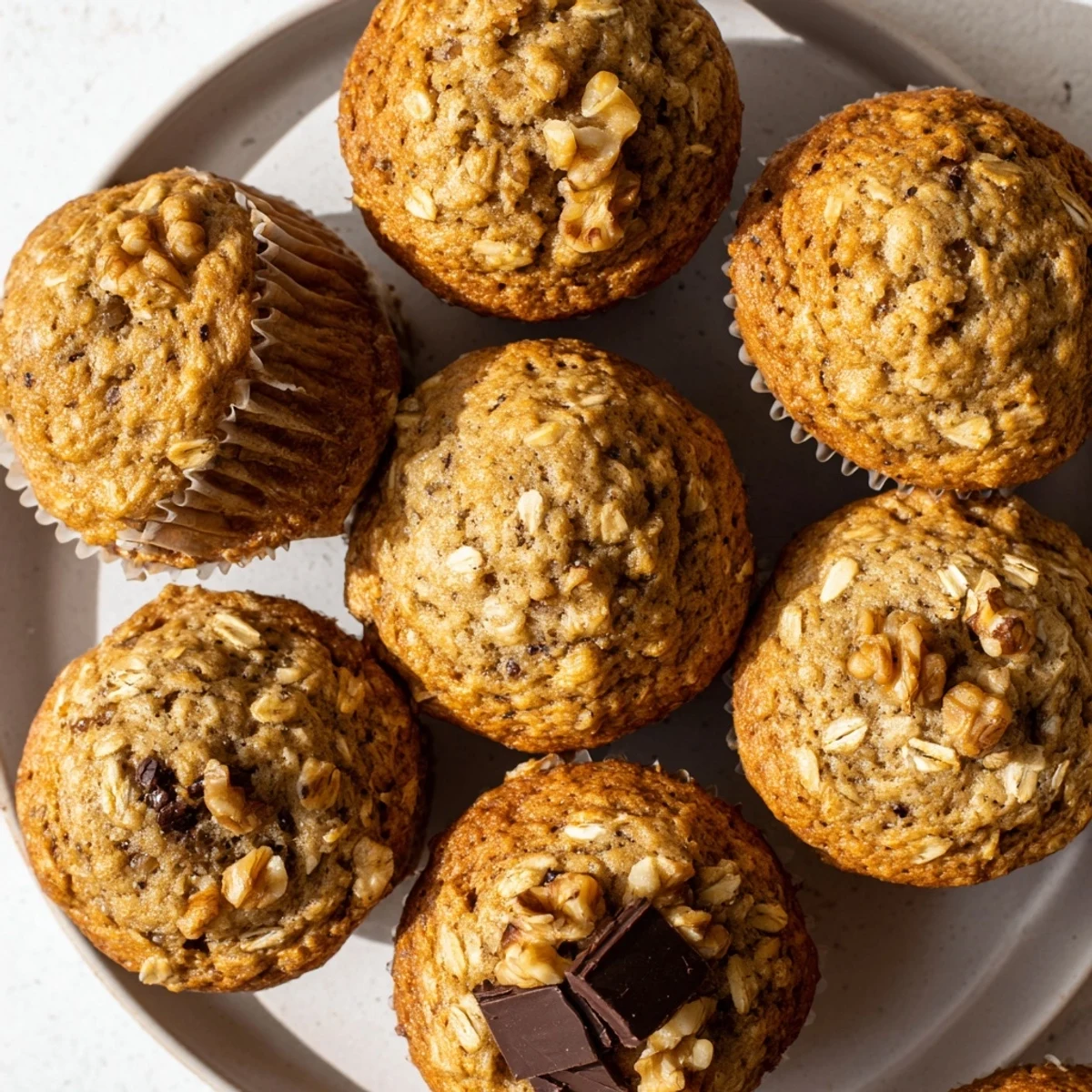 Golden brown banana oatmeal muffins topped with oats on a wire rack