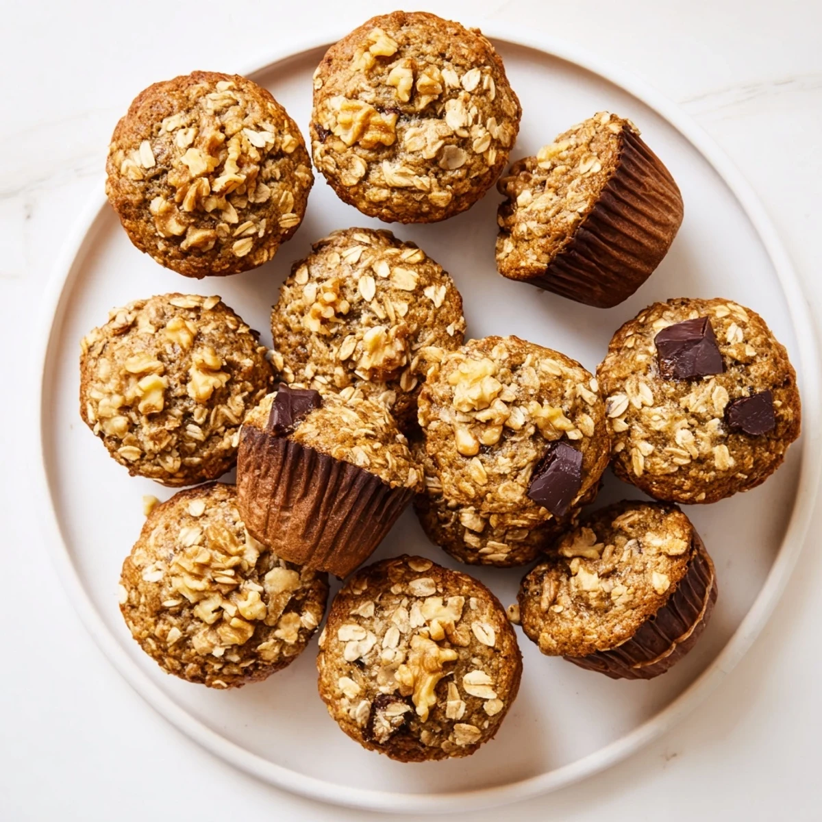 Freshly baked moist banana oatmeal muffins with visible banana chunks cooling down