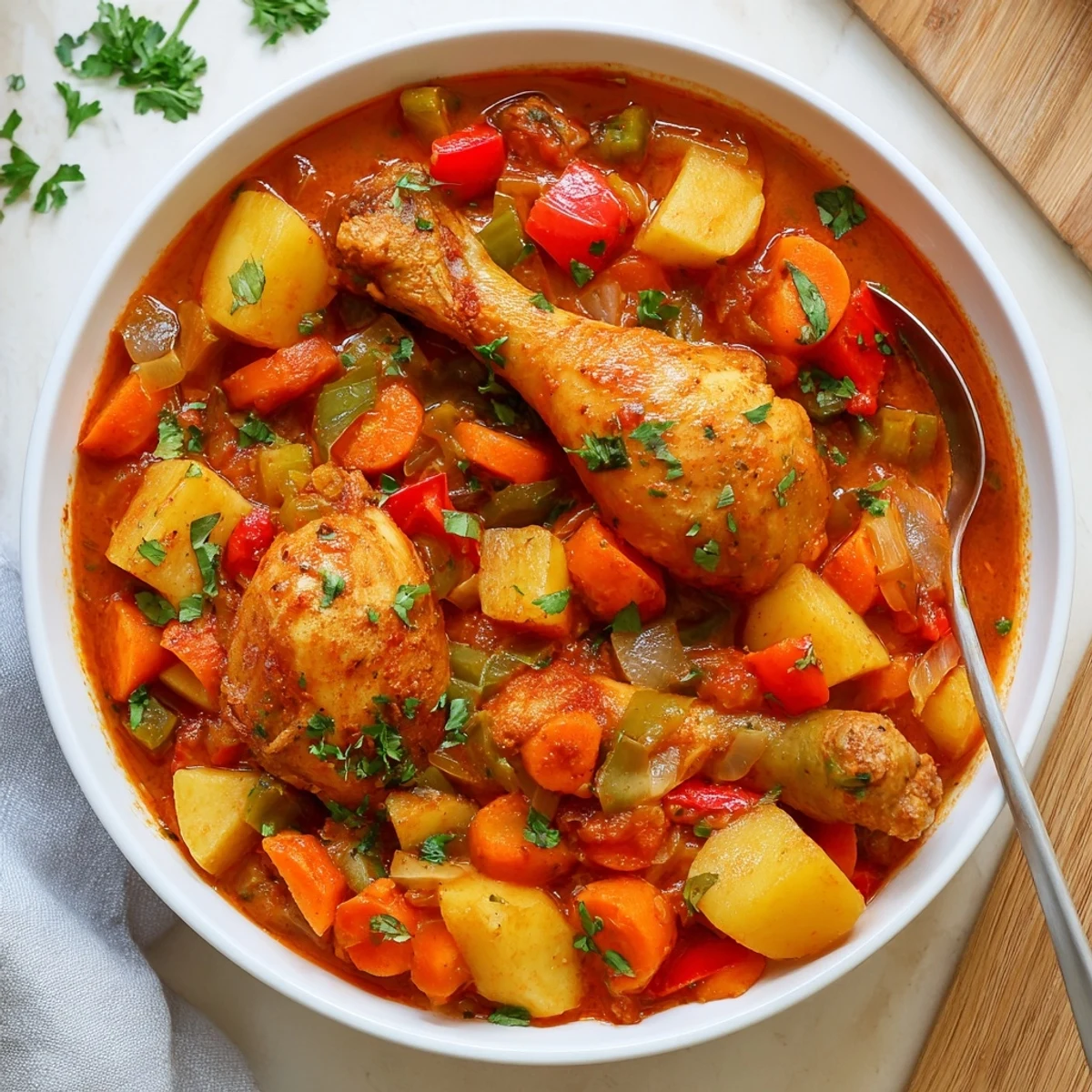 Tender Spanish chicken drumsticks stew served in a rustic bowl with colorful vegetables and garnished with fresh parsley