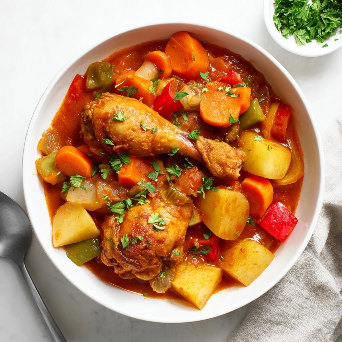 Hearty Spanish chicken drumsticks stew in a deep dish featuring tender meat and thickened aromatic red sauce