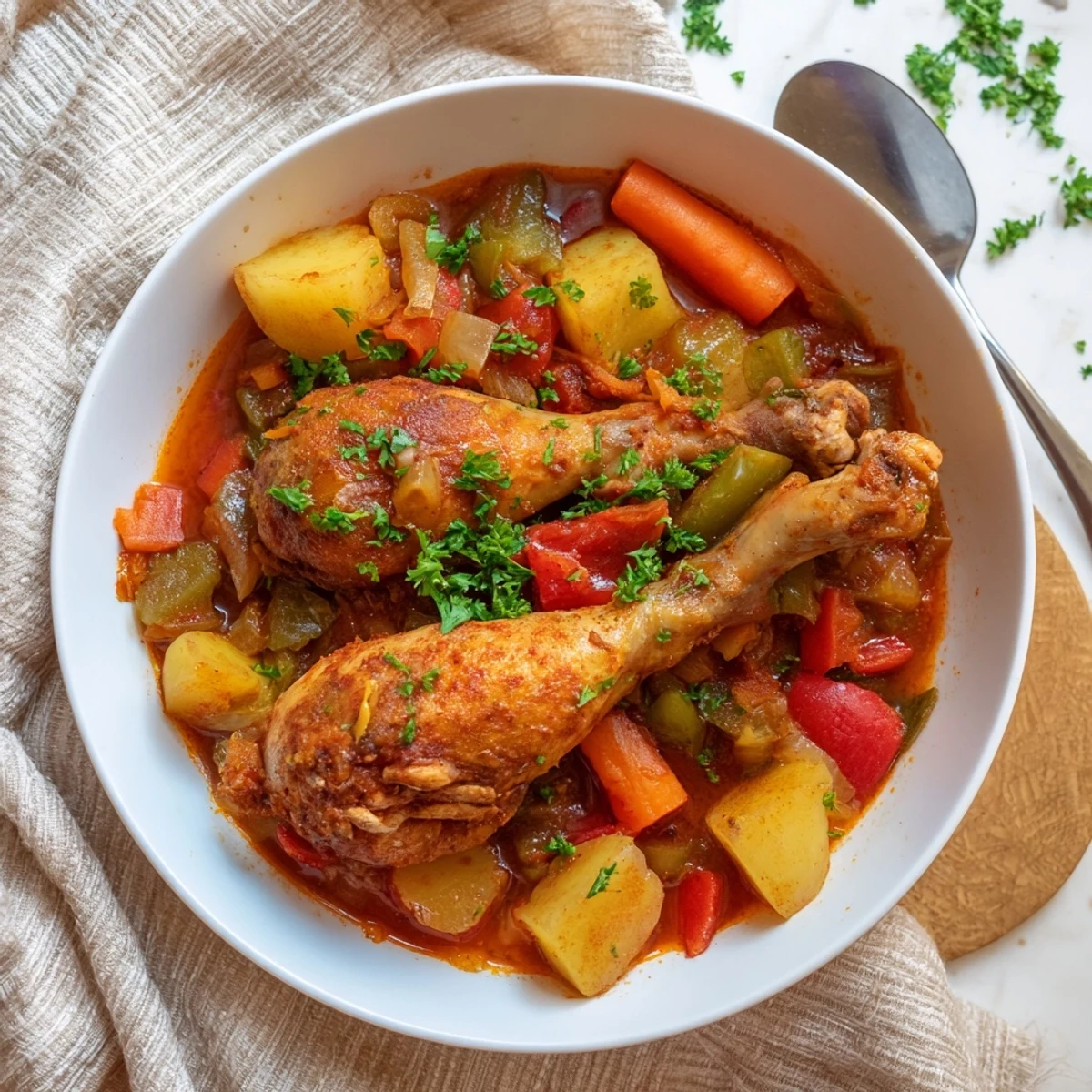 Golden brown chicken drumsticks simmering in rich tomato paprika sauce with potatoes carrots and bell peppers