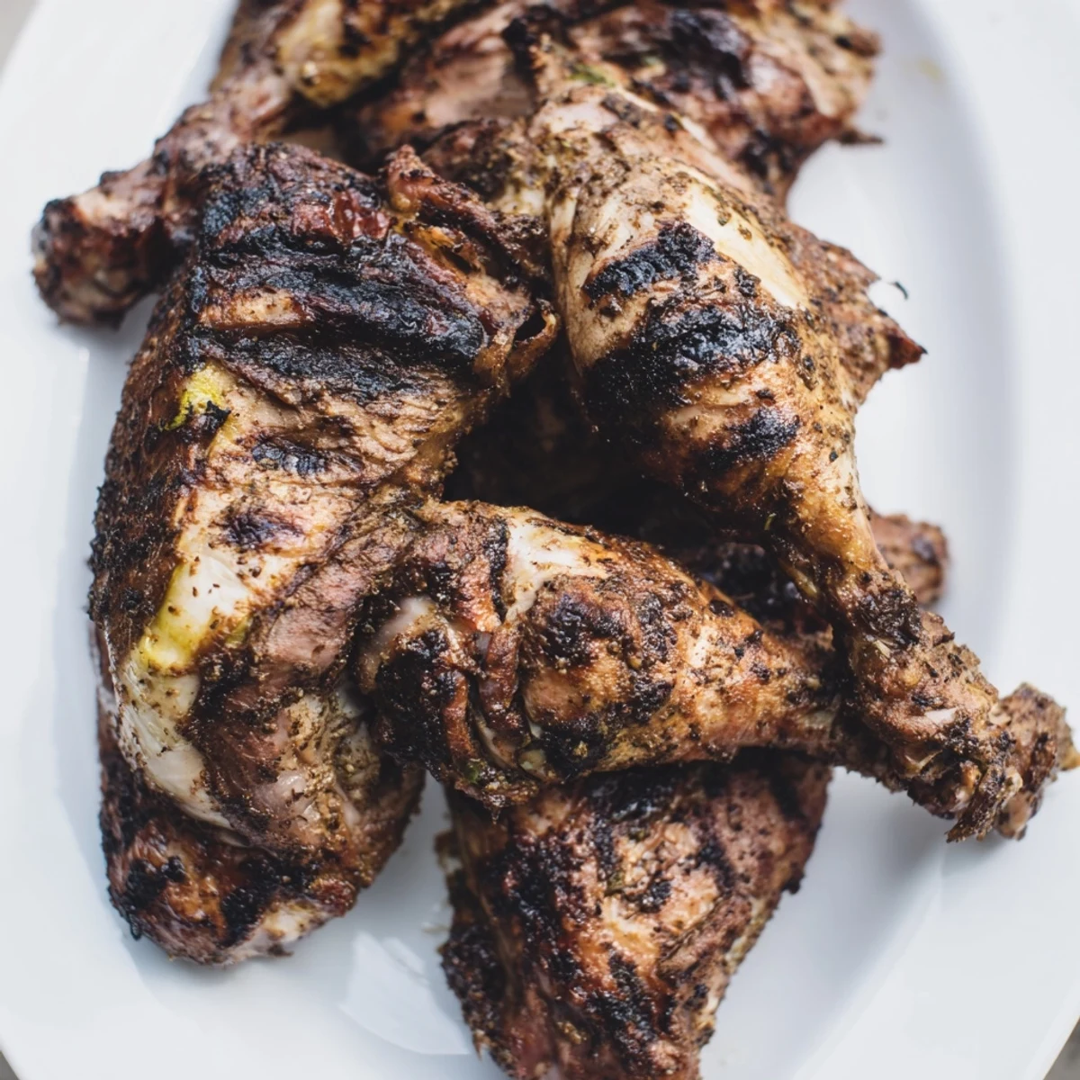 Charred Jamaican Jerk Chicken pieces with dark, smoky grill marks and spicy marinade glistening under warm lighting
