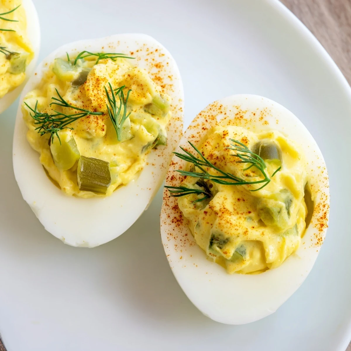 Creamy dill pickle deviled eggs topped with fresh herbs and garnished with crisp pickle slices
